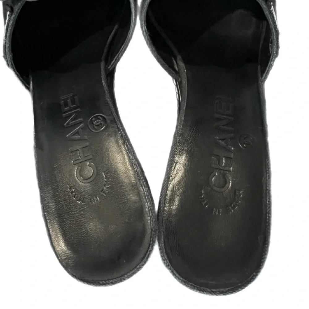 🩷CHANEL Canvas Leather Camellia Slide On Platform Wedge Sandals • BLACK • 36.5EU